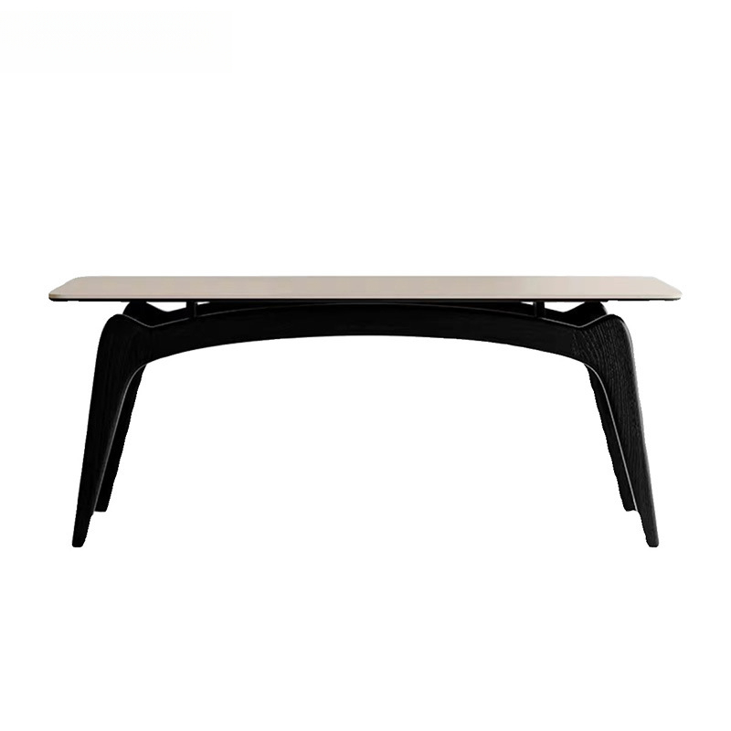 Modern Curved Leg Dining Table, Sintered Stone Tabletop with Solid Rubber Wood Frame for Dining Room