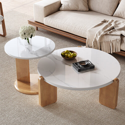 Cream Style Round Sintered Stone Coffee Tables Modern wooden leg Center Table said table - Bedside table - QONKA HOME