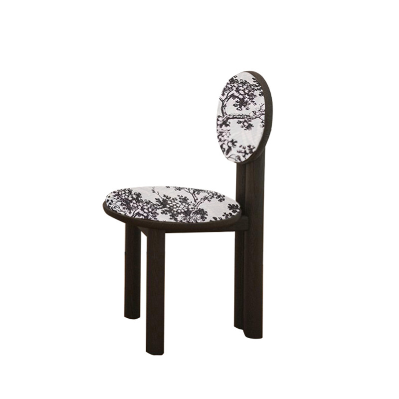 Vintage Solid Wood Dining Chair With Round Hollow Backrest, Cream Boucle Teddy Fabric Upholstered Seat, Mid Century Modern Designer Side Chair For Dining Room Kitchen