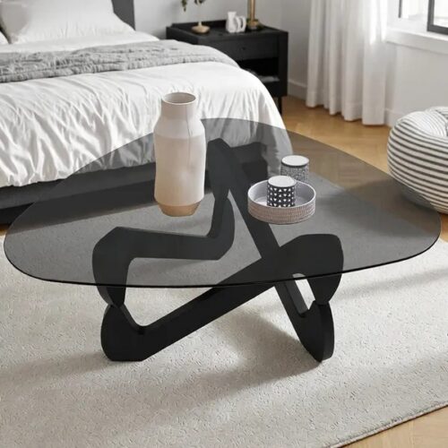 Modern  rounded triangle Tempered Glass Coffee Table, Unique Crossed Solid Wood Leg Art Center Table - Coffee table - QONK...