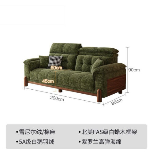 French-style Vintage Sofa, Green Chenille Solid Wood Sofa with Straight Backrest - Living room furniture - QONKA HOME