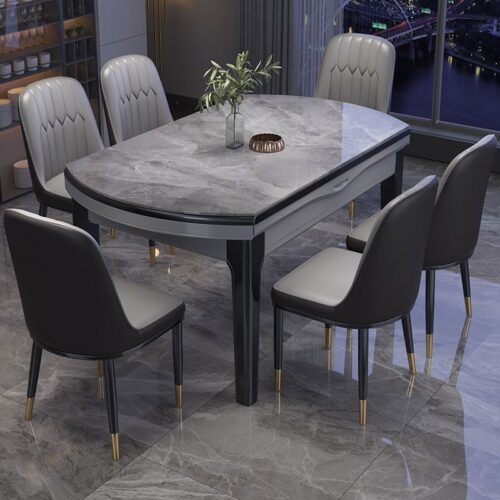 Extendable Dining Table with Sintered Stone Top & Rubber Wood Frame, Round to Oval Convertible Dinner Table for Home ...
