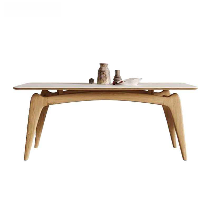 Modern Curved Leg Dining Table, Sintered Stone Tabletop with Solid Rubber Wood Frame for Dining Room