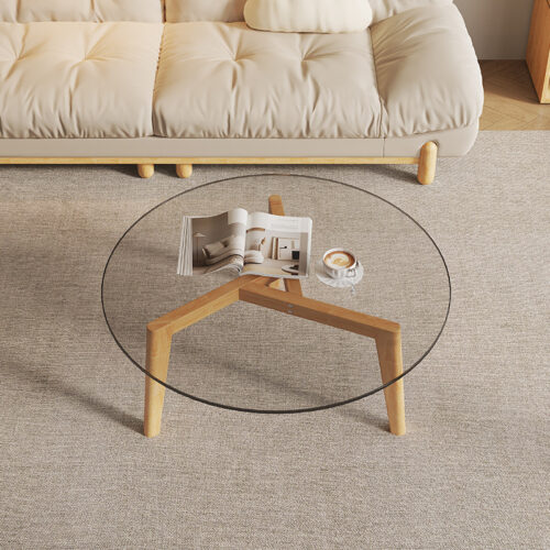 Modern Round Clear Glass Coffee Table, Transparent Acrylic & wooden Leg Minimalist Center Table For Living Room Decor...