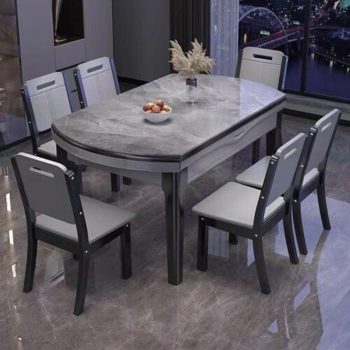 Extendable Dining Table with Sintered Stone Top & Rubber Wood Frame, Round to Oval Convertible Dinner Table for Home ...