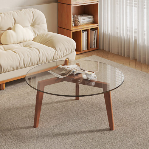 Modern Round Clear Glass Coffee Table, Transparent Acrylic & wooden Leg Minimalist Center Table For Living Room Decor...