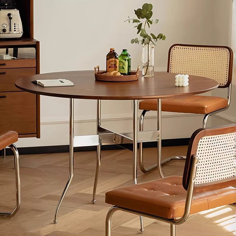 Vintage Round Dining Table Solid Wood Tabletop Carbon Steel Legs Mid‑Century Dining Table For Home Kitchen Dining Room -...