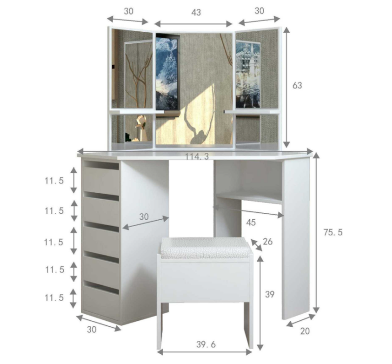 Corner Makeup Vanity Table with Tri-Fold Mirror