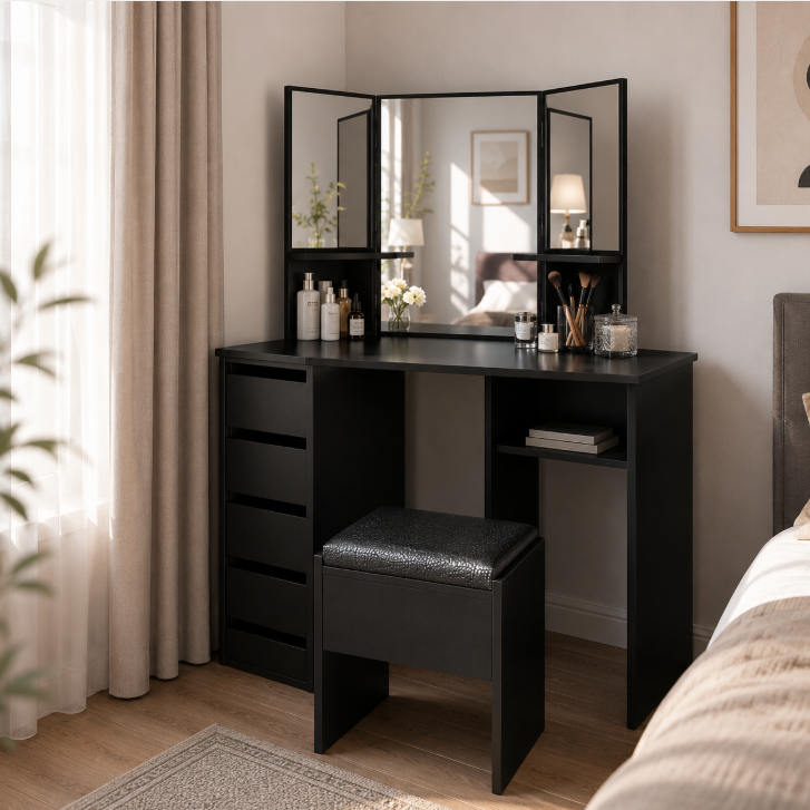 Corner Makeup Vanity Table with Tri-Fold Mirror