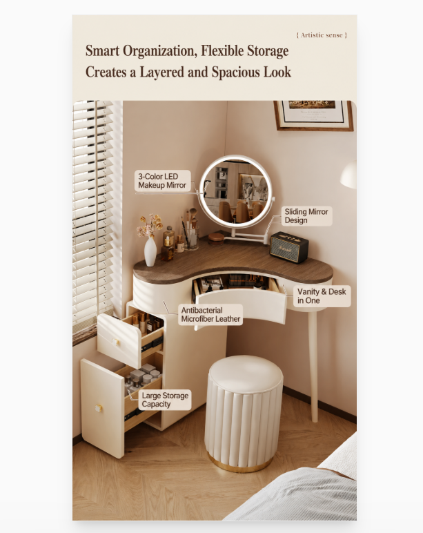 Cream Corner Curved Makeup Vanity Table with LED Mirror