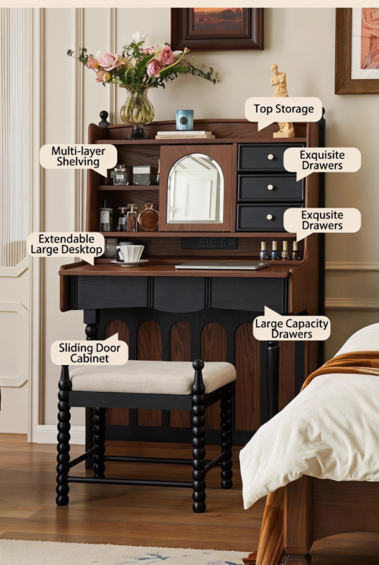 Gothic Retro Vanity Desk with Slidable Mirror