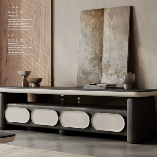Modern minimalist console table with oval storage compartments.