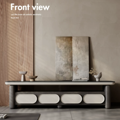 Modern low console table with minimalist design and storage compartments.