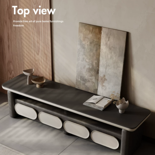Modern minimalist console table with abstract wall art.
