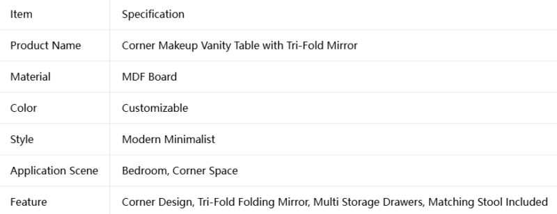 Corner Makeup Vanity Table with Tri-Fold Mirror