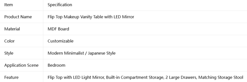 Flip Top Makeup Vanity Table with LED Mirror