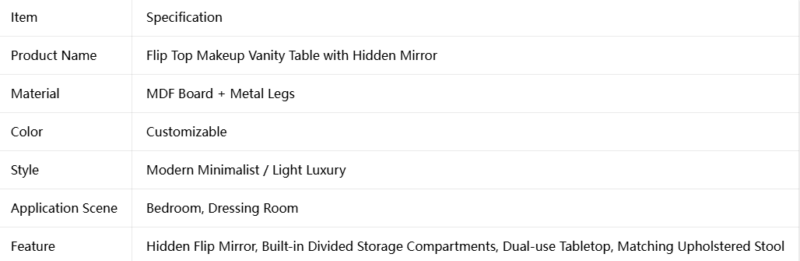 Flip Top Hidden Mirror Makeup Vanity Table