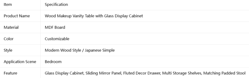 Wood Makeup Vanity Table with Glass Display Cabinet