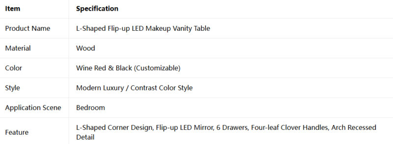 L-Shaped Flip-Up LED Vanity Table