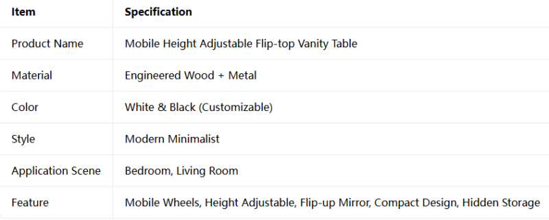 Mobile Adjustable Flip-top Vanity Table
