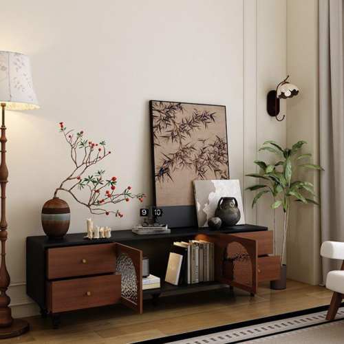 Vintage Wooden TV Stand with Ripple Glass - Living room furniture - QONKA HOME