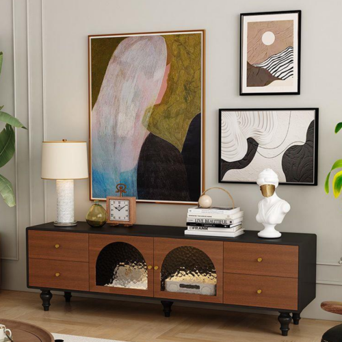 Vintage Wooden TV Stand with Ripple Glass - Living room furniture - QONKA HOME