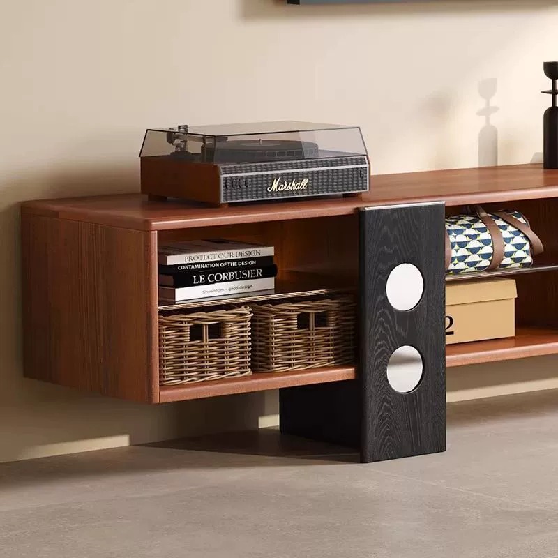 Modern wall-mounted wooden media console with storage shelves.
