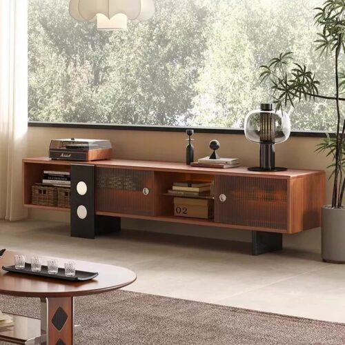 Modern wooden media console with glass doors and open shelves.