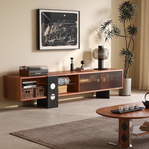 Modern wooden TV console with glass doors and open shelves.