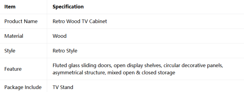 Retro wood TV cabinet with glass doors and open shelves.