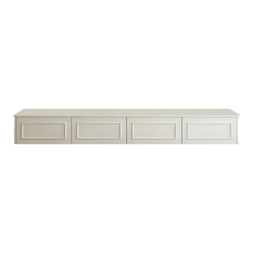 White long cabinet with four doors and flat top surface.