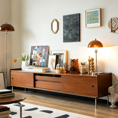 Mid-century wooden TV console with warm lighting and art decor.
