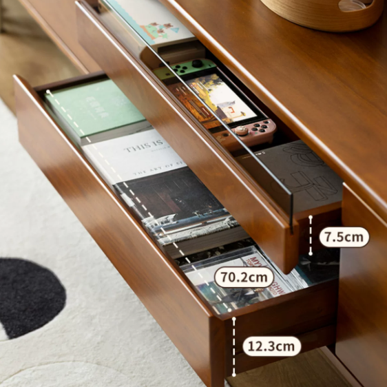 Wooden drawer with labeled internal dimensions for storage.