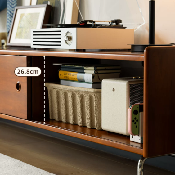 Wooden media console with compartments and 26.8cm shelf depth.