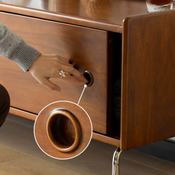 Wooden side table with pull-out drawer and handle detail.