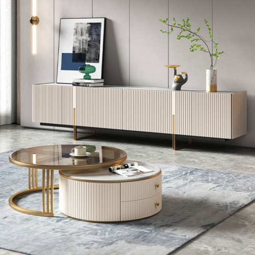 Modern round coffee table with glass top and storage drawer.