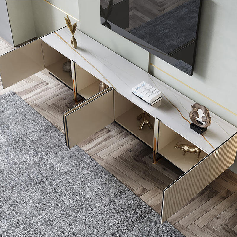Modern TV console with marble top and open storage compartments.