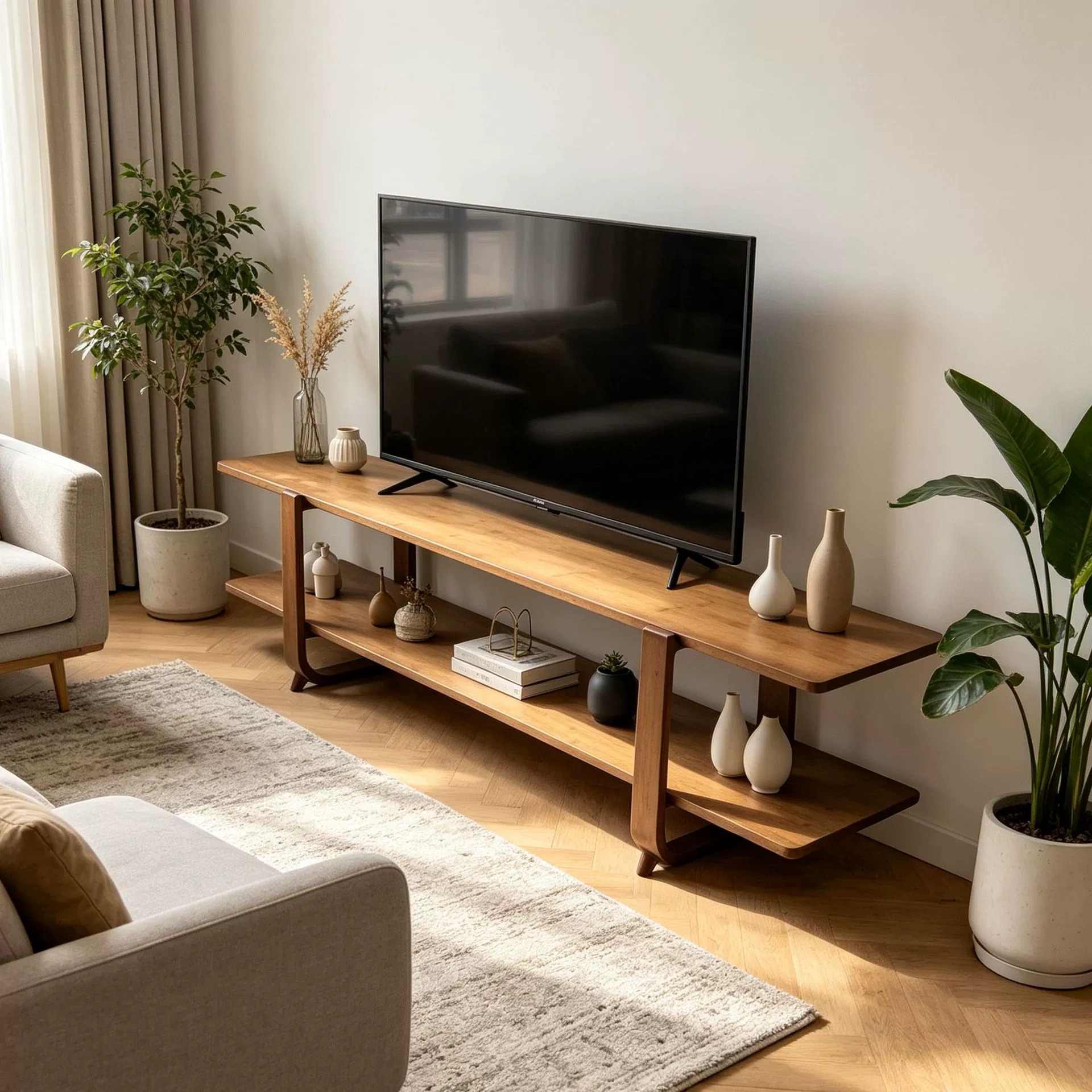Modern wooden TV console with shelves and decorative vases.