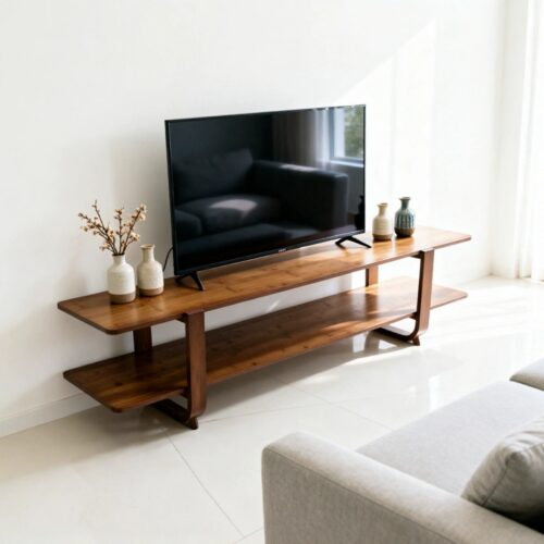 Modern wooden TV stand with decorative vases and lower shelf.