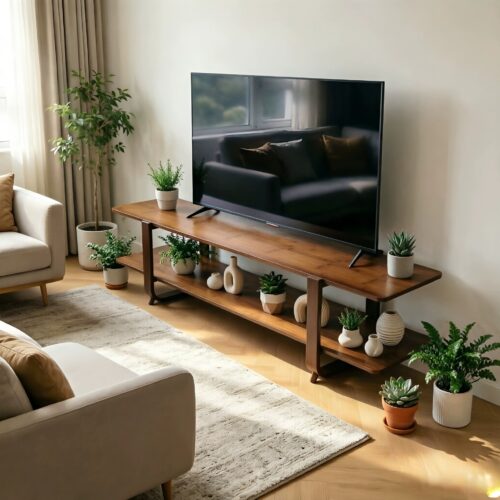 Modern wooden TV stand with shelves and plants.