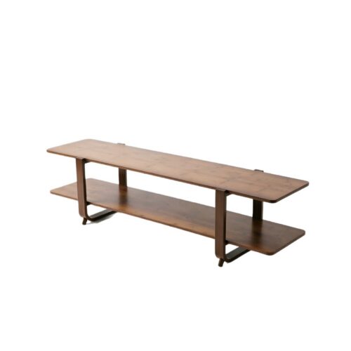 Modern wooden console table with two shelves and metal legs.