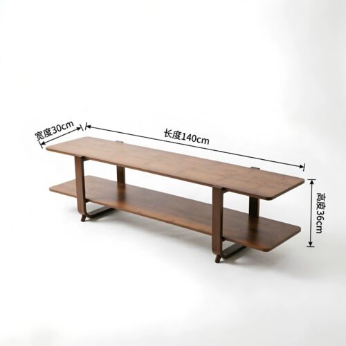 Modern wooden bench with two shelves and dimensions labeled.