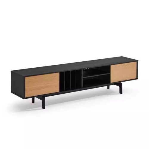 Modern black and wood TV console with open shelves and cabinets.