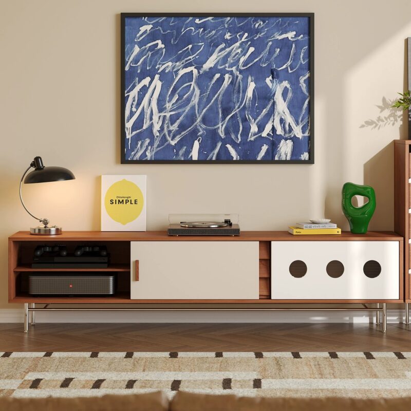 Modern wooden media console with cabinet doors and open shelves.