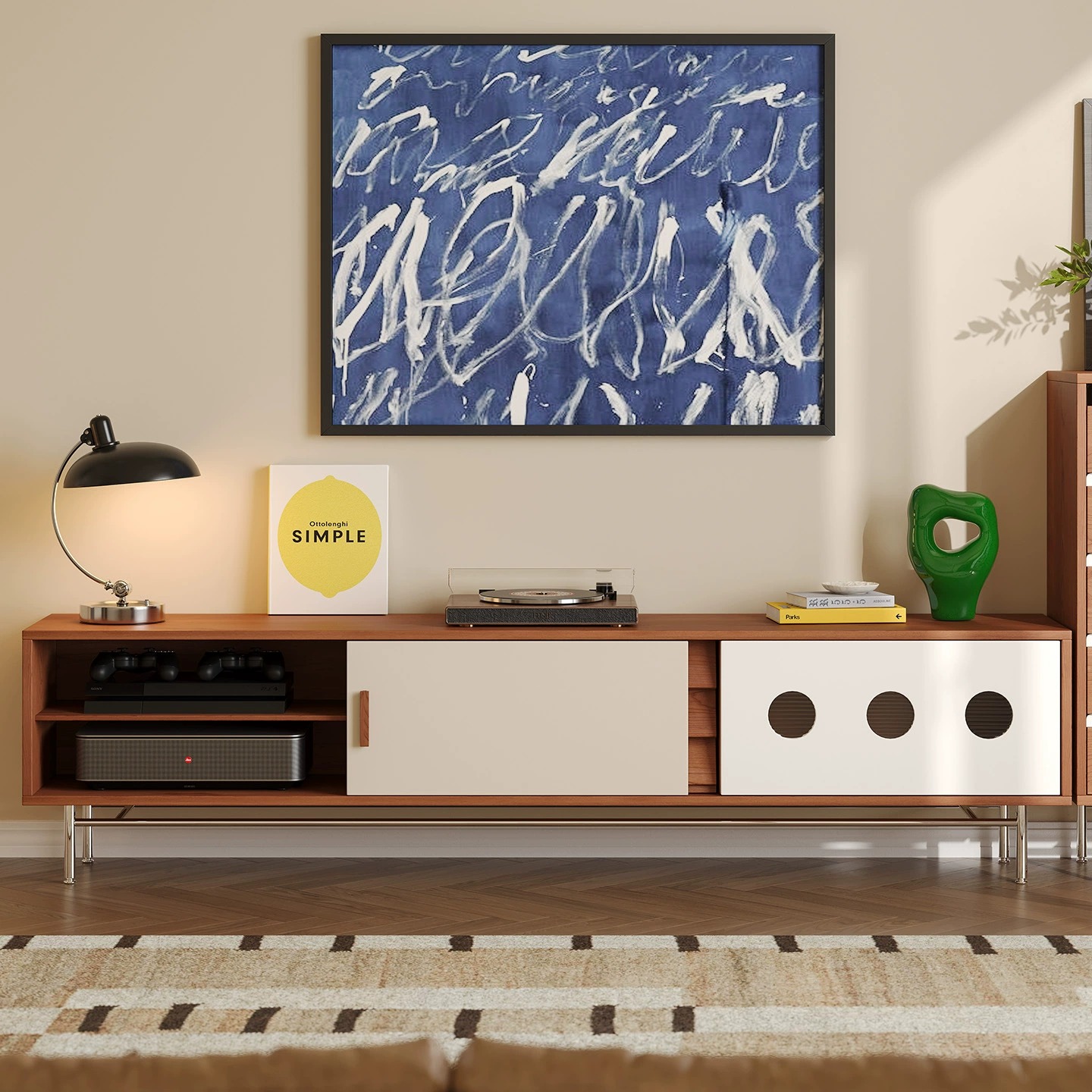 Modern wooden media console with cabinet doors and open shelves.