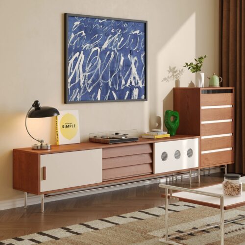 Modern wooden media console with white drawers and metal legs.