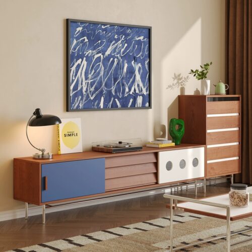 Modern wooden console table with colorful drawers and metal legs.