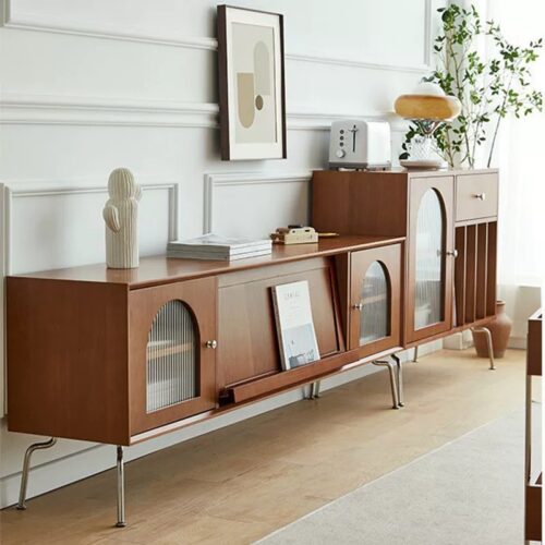 Mid-century modern wooden media console with curved glass doors.
