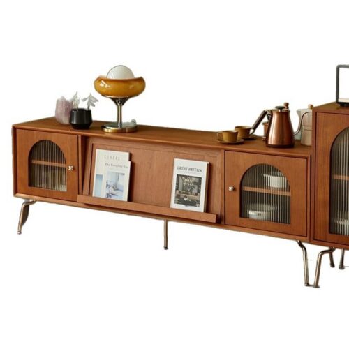Wooden TV console with glass doors and metal legs.