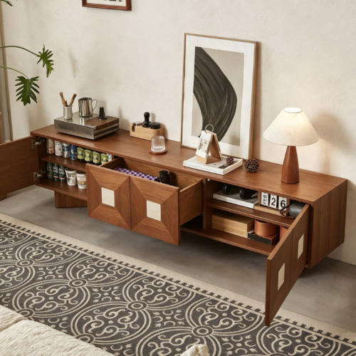 Wooden console table with open drawers and shelves.